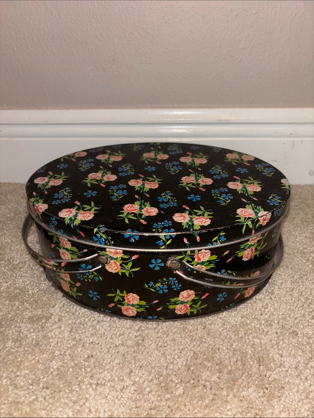 Black Floral Oval Decorative Tin Storage Box